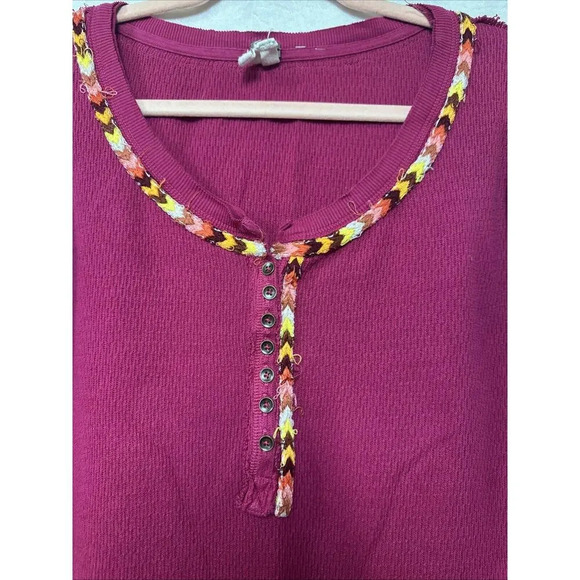 Free People Womens Sz S Embroidered Thermal Henley Top Waffle Knit Top Rainbow - Picture 3 of 12